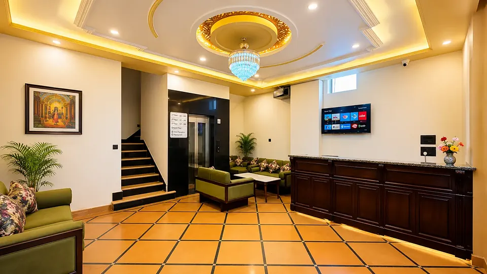 Reception and lobby at Hotel Jigyasa Palace with chandelier and sandstone floor