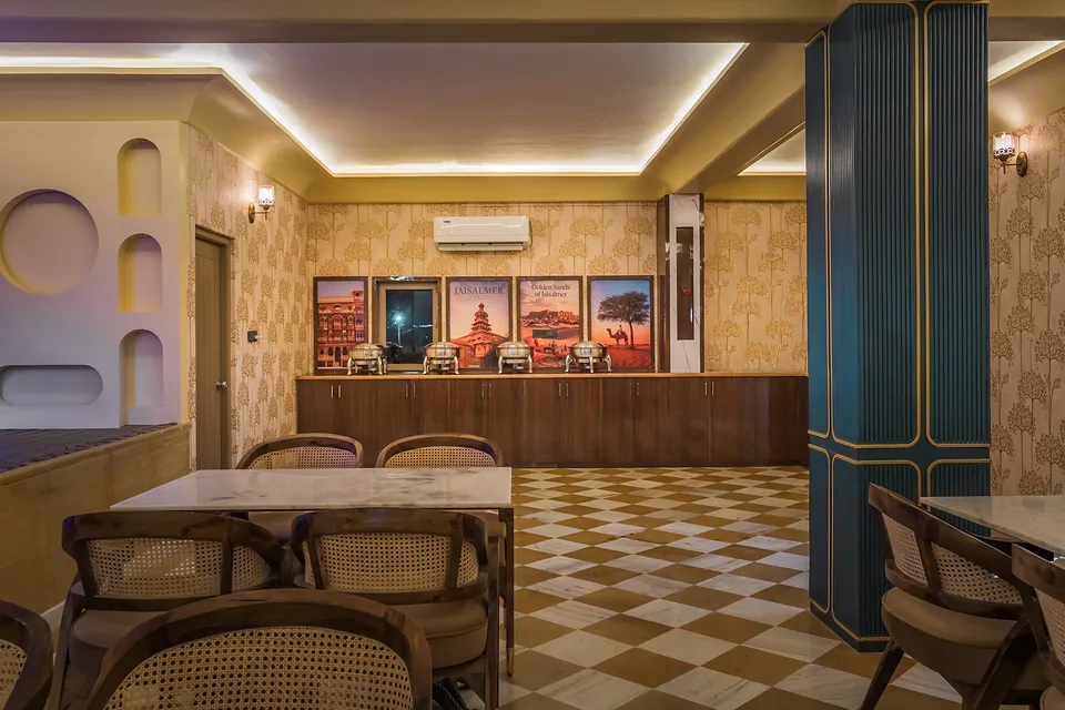 Restaurant buffet counter with Rajasthani artwork